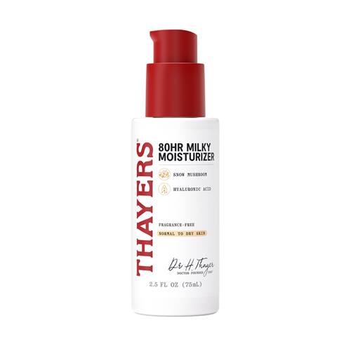 A white Thayers 80HR Milky Moisturizer bottle with a red pump top, standing upright, with the brand name 'THAYERS' visible on the side.