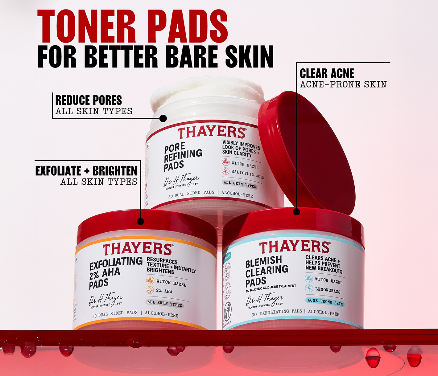 Exfoliating 2% AHA Facial Pads with Witch Hazel - Thayers